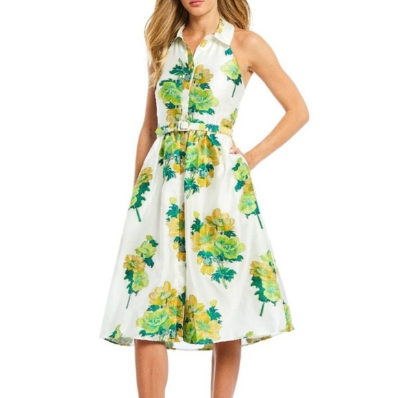 Badgley Mischka | Dresses | Belle Badgley Mischka Floral Print Halter Neck  Belted Midi Dress New With Tags | Poshmark